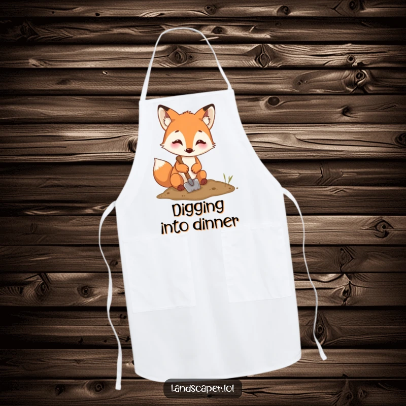 Funny fox digging apron, a happy fox using a small shovel to dig, a humorous and practical addition to any kitchen.