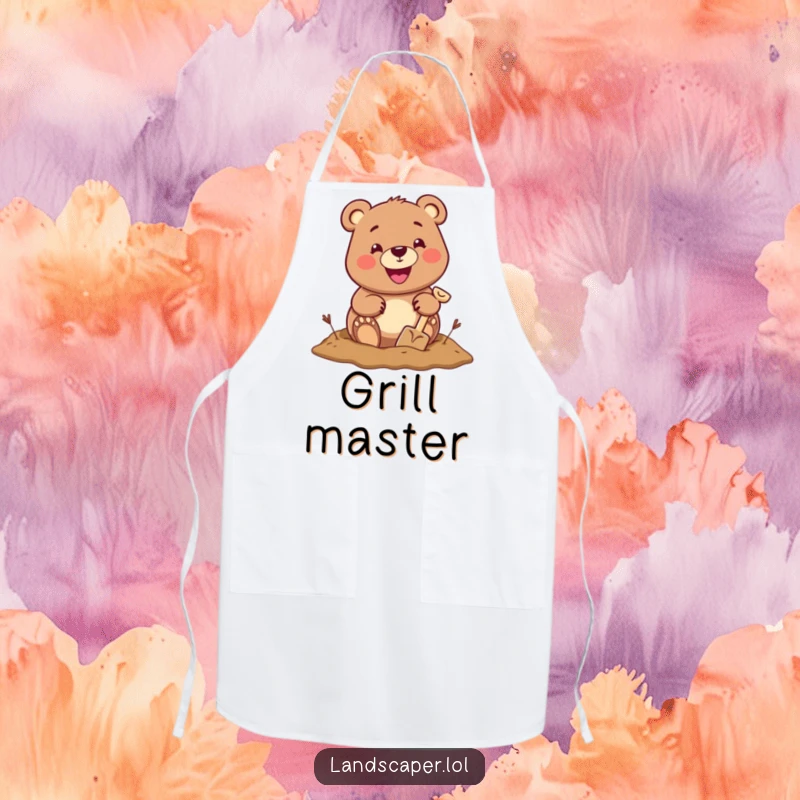 Cheerful bear with a big grin digging a hole with a tiny shovel, adding a touch of outdoor whimsy to this apron.