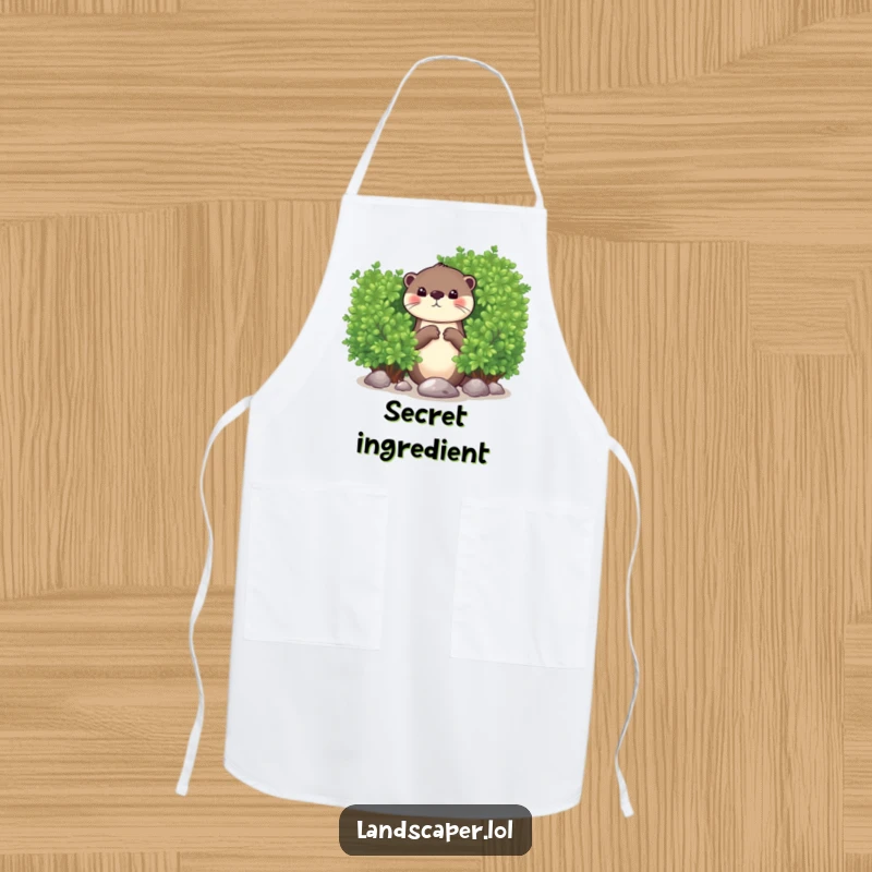 Funny apron featuring a curious otter peeking from behind a bush, dropping a shiny pebble. A humorous kitchen accessory for any occasion.
