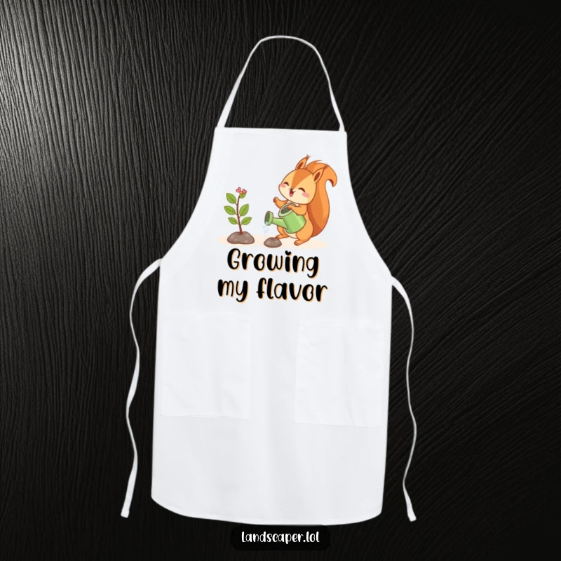 Funny apron with a playful squirrel watering a tiny sapling, ideal for gardening or cooking with nurturing humor.