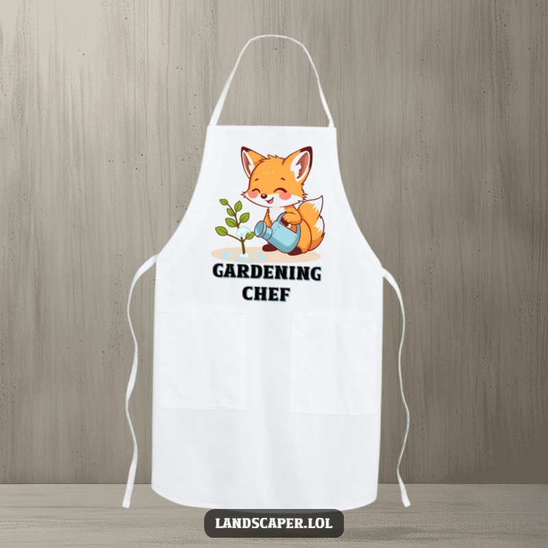 Funny apron featuring a playful fox cub giggling while watering a small sapling with a miniature watering can. A charming kitchen or garden accessory.