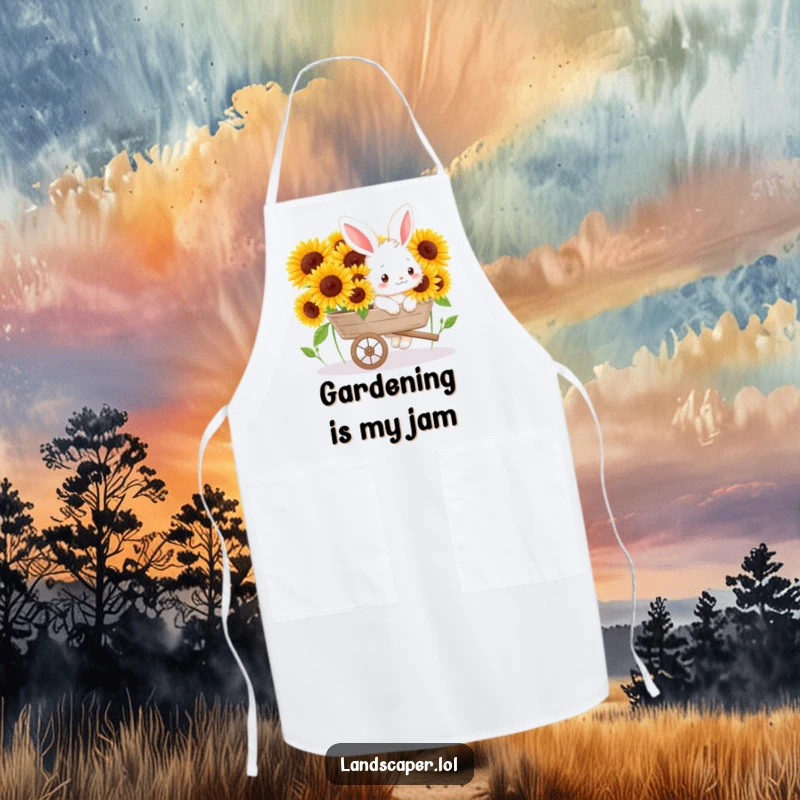 Funny apron with a cheerful bunny pushing a wheelbarrow full of bright sunflowers, ideal for cooking with garden spirit.