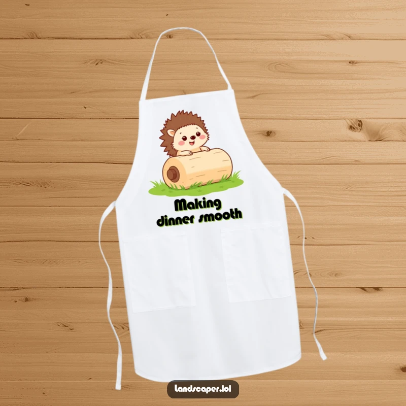 Funny apron with a cheerful hedgehog rolling a large green lawn roller, ideal for gardening with determined humor.