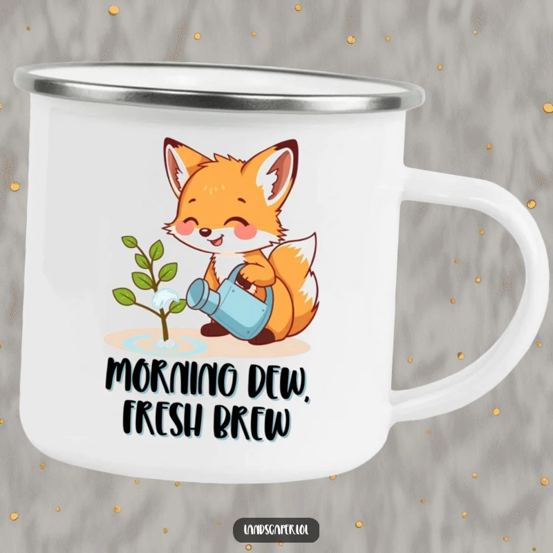 Funny camping mug featuring a playful fox cub giggling while watering a small sapling with a miniature watering can. Durable and charming.