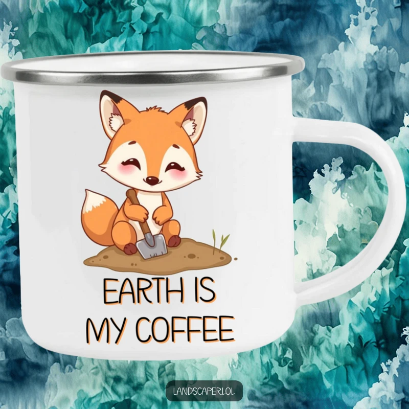 Funny fox digging camping mug, a happy fox with a shovel digging a hole, great for outdoor beverages with a humorous touch.