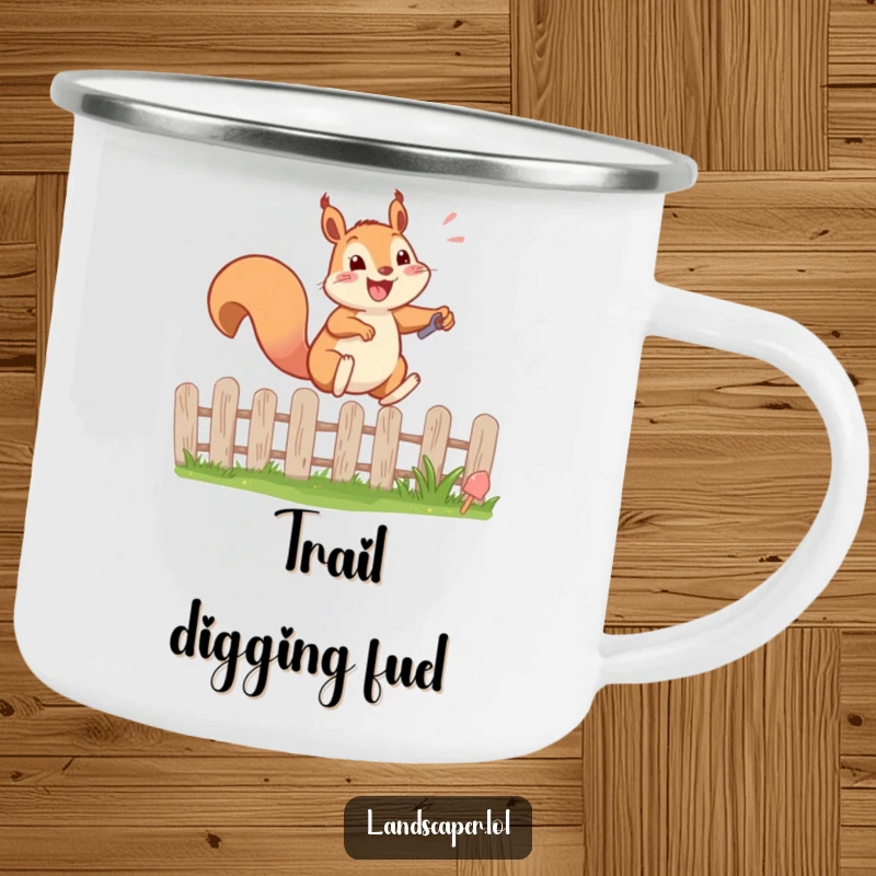 Funny camping mug featuring a happy squirrel energetically leaping over a garden fence with a tiny shovel. Durable and humorous.