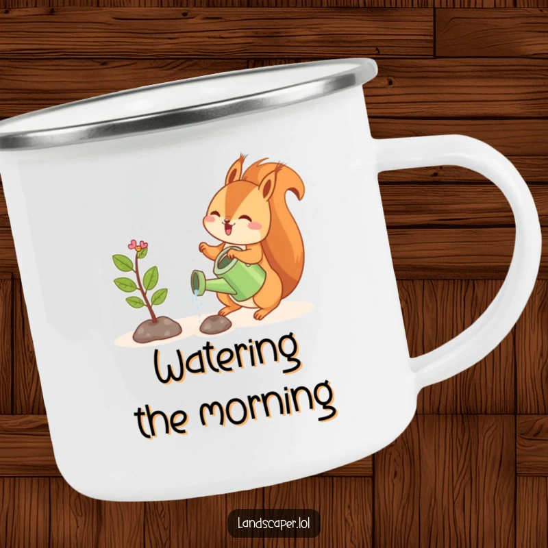 Funny enamel camping mug with a playful squirrel watering a tiny sapling, perfect for outdoor moments of nurturing humor.