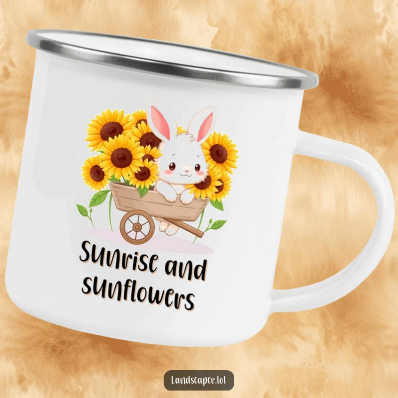 Funny enamel camping mug with a happy bunny pushing a wheelbarrow of sunflowers, perfect for cheerful outdoor moments.