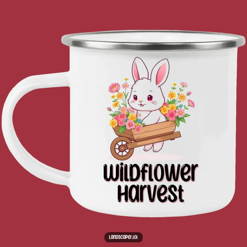 Funny Bunny Flower Wheelbarrow Camping Mug: Garden Adventures with Floral Charm