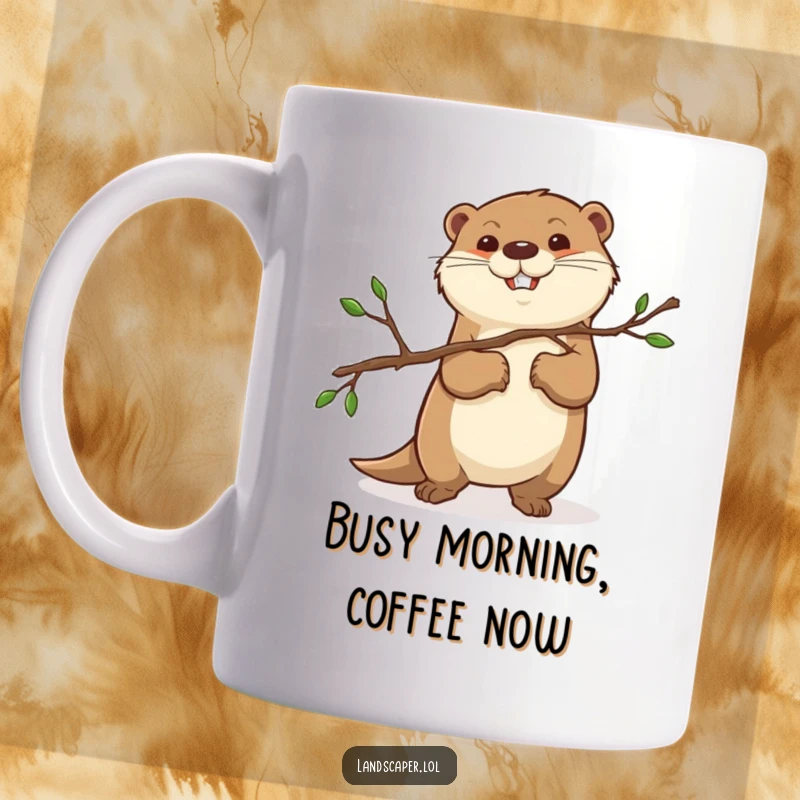 Funny happy otter carrying a pruned branch with a determined expression, showcasing woodland industriousness. This mug design is full of character.