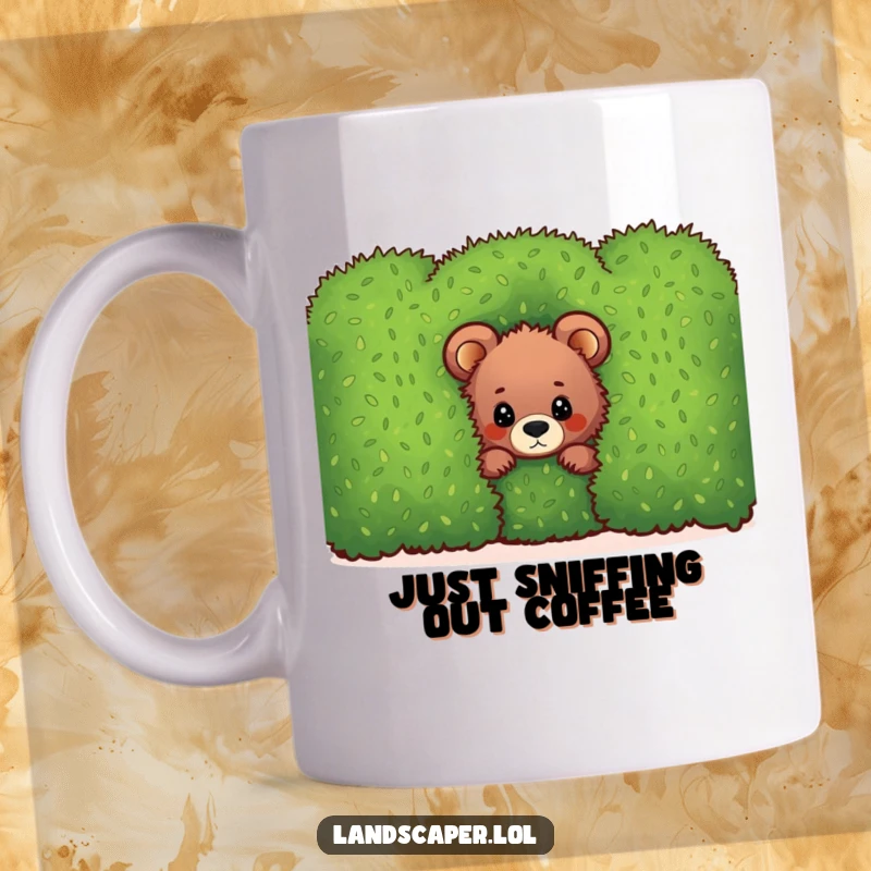 Funny bear cub mug, peeking curiously from behind a perfectly trimmed green hedge, exuding playful mischief and sweet innocence.