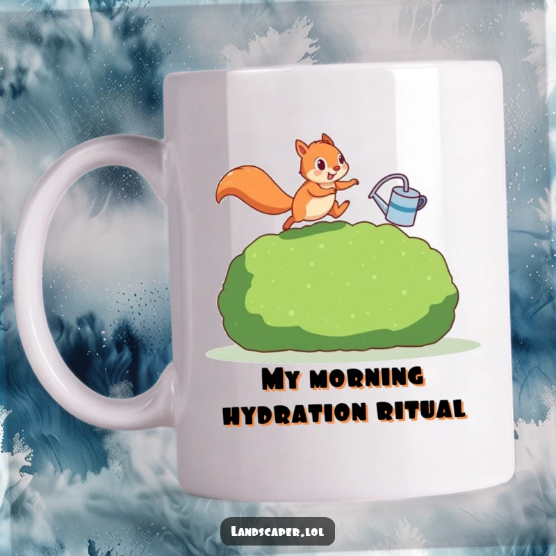 Funny squirrel leaping over a hedge with a watering can, capturing a moment of garden mischief. This mug design is pure, hilarious joy.