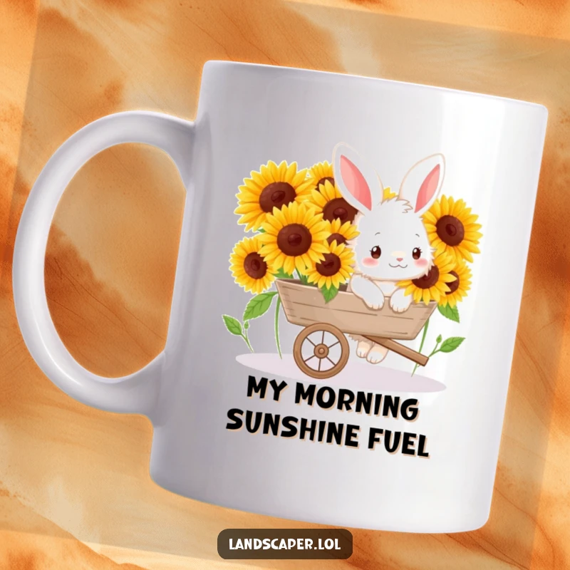 Funny mug with a fluffy bunny happily pushing a wheelbarrow full of bright sunflowers, embodying garden cheer and joy.