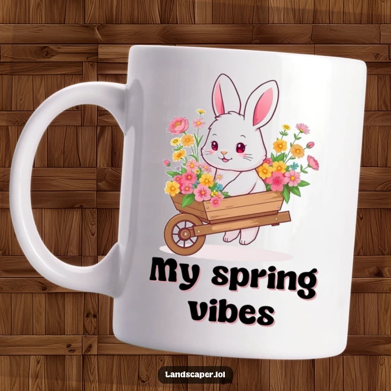 Funny fluffy bunny joyfully pushing a wheelbarrow overflowing with vibrant flowers, embodying garden cheer.