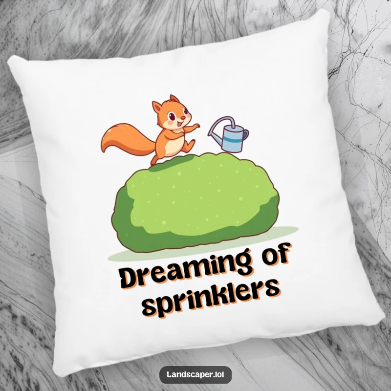 Funny squirrel caught in a playful leap over a hedge while holding a watering can. This pillow offers comfort and comedic garden charm.