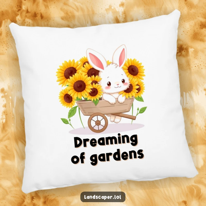 Funny pillow showcasing a happy bunny pushing a wheelbarrow of sunflowers, offering cozy comfort and garden delight.