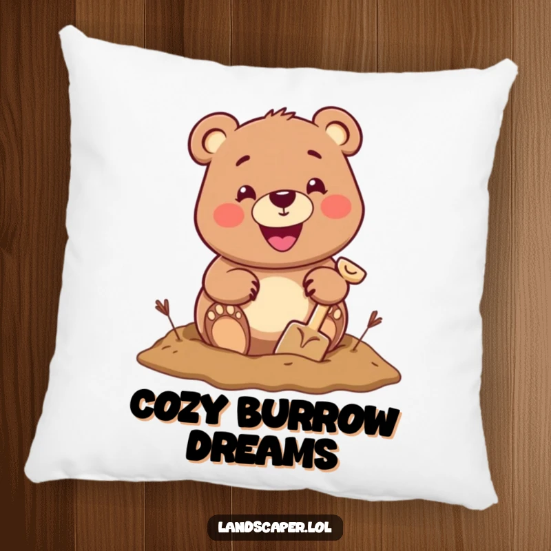 Cheerful bear with a big grin digging with a tiny shovel, offering plush comfort and whimsical outdoor charm.