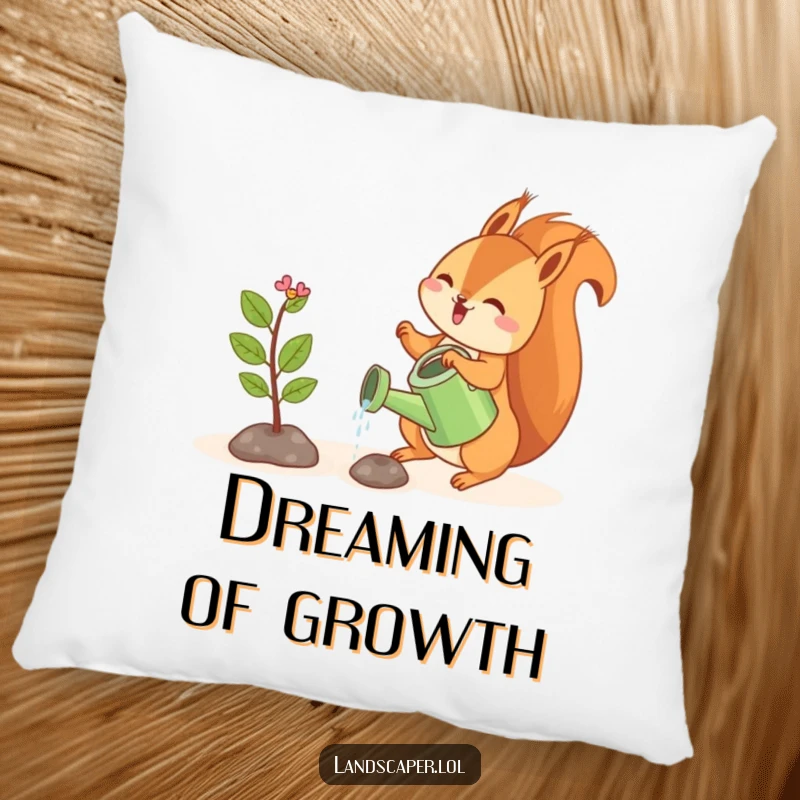 Funny pillow showcasing a happy squirrel watering a tiny sapling, offering cozy comfort and nurturing whimsy.