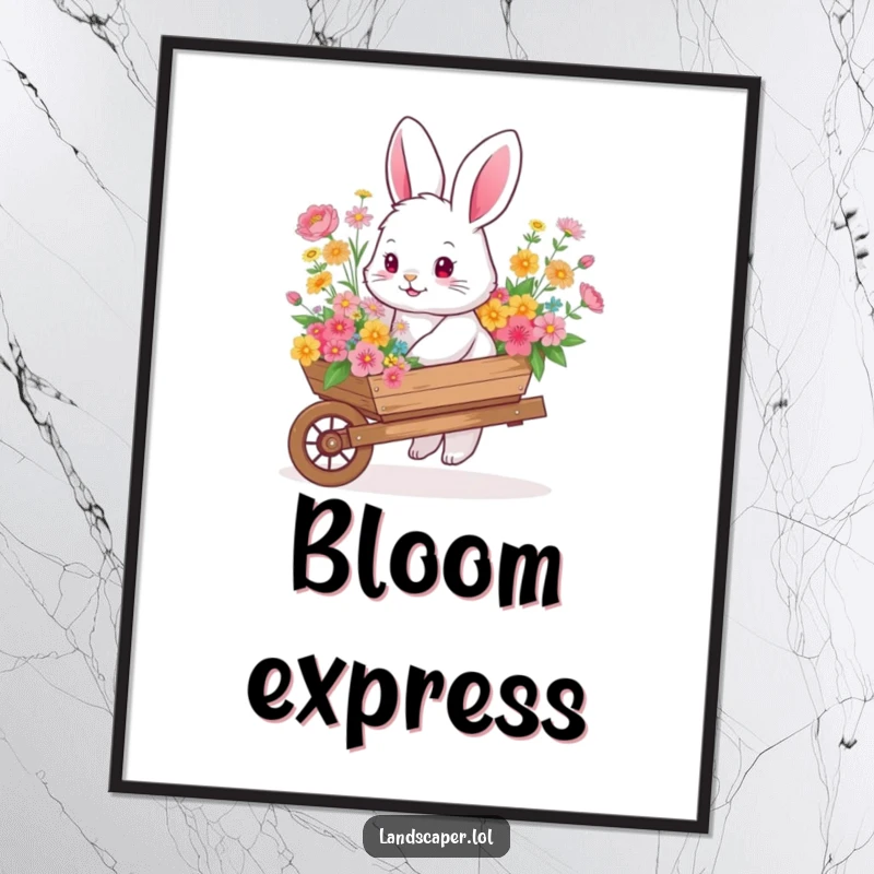 Funny fluffy bunny pushing a wheelbarrow overflowing with colorful flowers, a whimsical digital art piece bringing garden charm and joy.