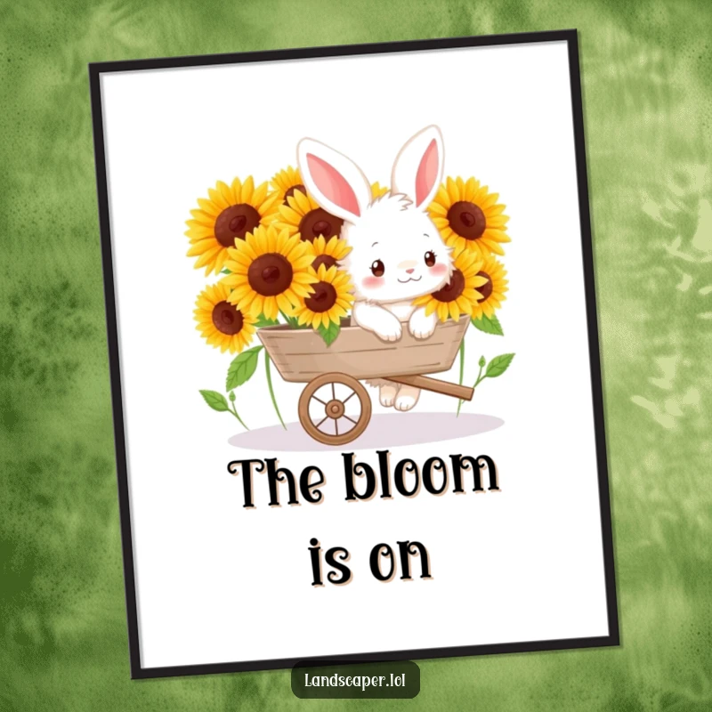 Funny digital art print of a happy bunny pushing a wheelbarrow full of bright sunflowers, ideal for cheerful wall decor.