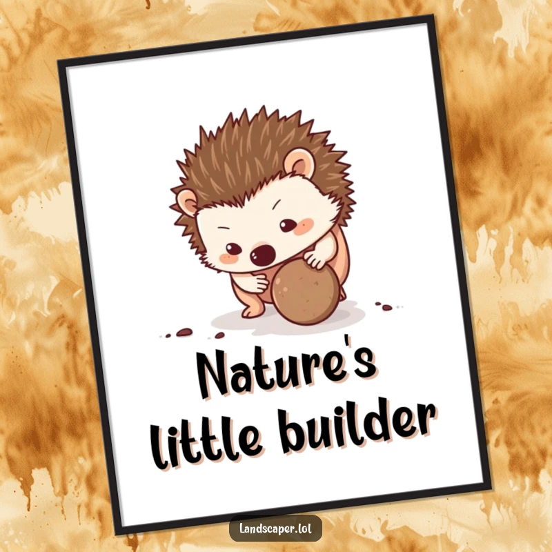 Funny Hedgehog Digital Art: A determined hedgehog rolls a dirt ball, a humorous and charming illustration ready to be printed or displayed.