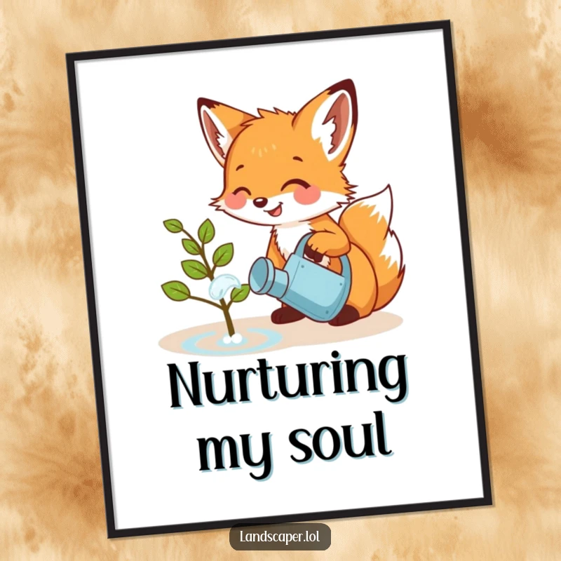 Funny digital art print of a playful fox cub giggling while watering a small sapling with a miniature watering can. Instant download.