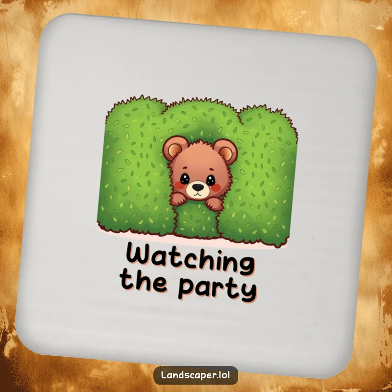 Funny bear cub drink coasters, peeking from behind a hedge, protecting surfaces with adorable and humorous woodland charm.