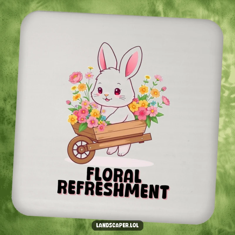 Fluffy bunny pushing a wheelbarrow brimming with colorful flowers, protecting your surfaces with garden-themed humor.