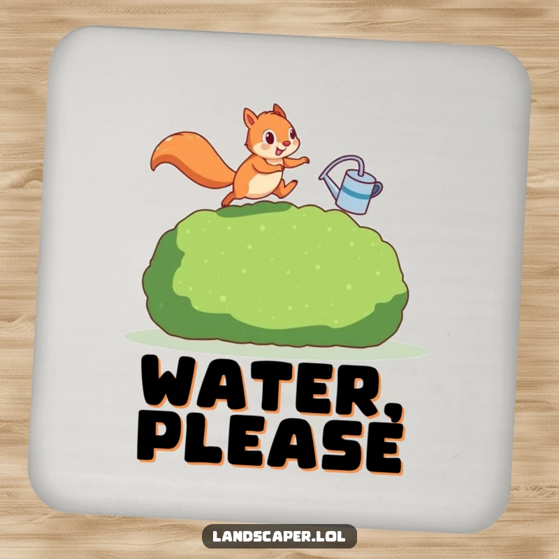 Funny squirrel in action, watering can in paw, jumping over a hedge. These coasters bring garden humor to any table setting.