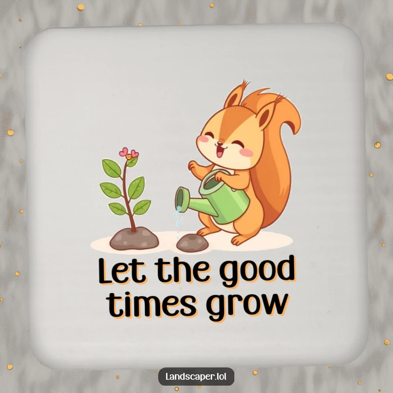 Funny drink coasters with a playful squirrel watering a tiny sapling, protecting surfaces with nurturing humor.