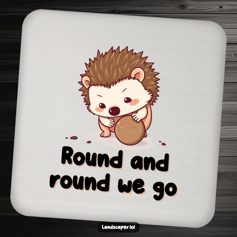 Funny Hedgehog Coaster: A determined hedgehog rolls a dirt ball, a funny and functional addition to your coffee table or bar.