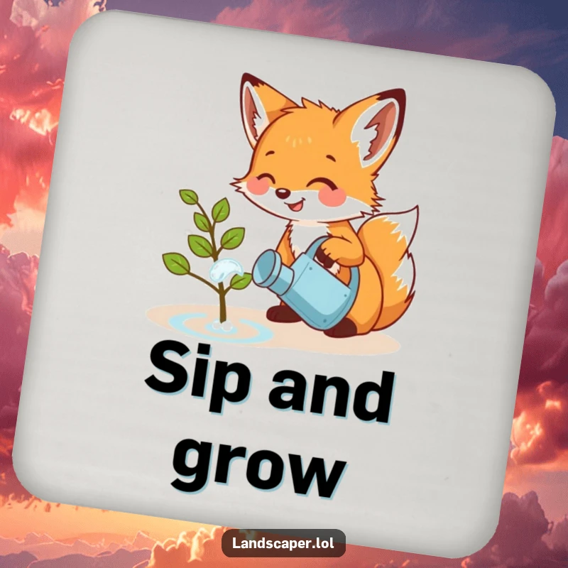 Funny drink coaster featuring a playful fox cub giggling while watering a small sapling with a miniature watering can. Adorable and practical.