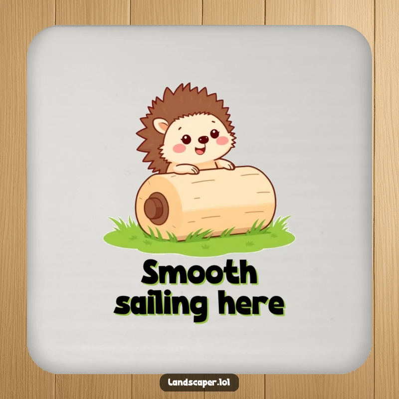 Funny drink coasters with a cheerful hedgehog rolling a lawn roller, protecting surfaces with diligent humor.