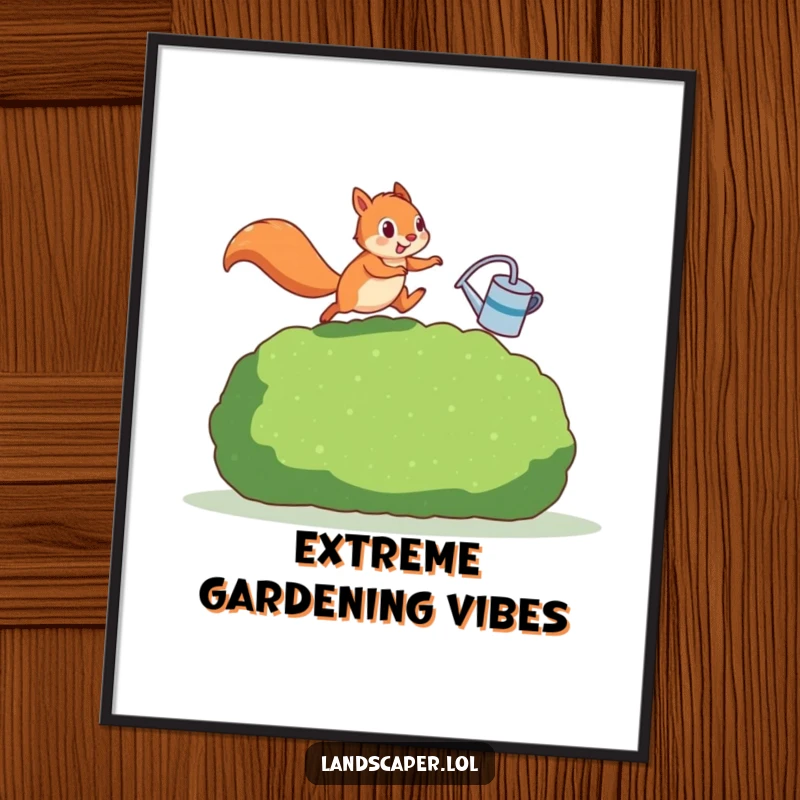 Funny squirrel in a dynamic jump over a hedge, watering can in paw, bringing garden charm. This poster is wall art with a humorous twist.
