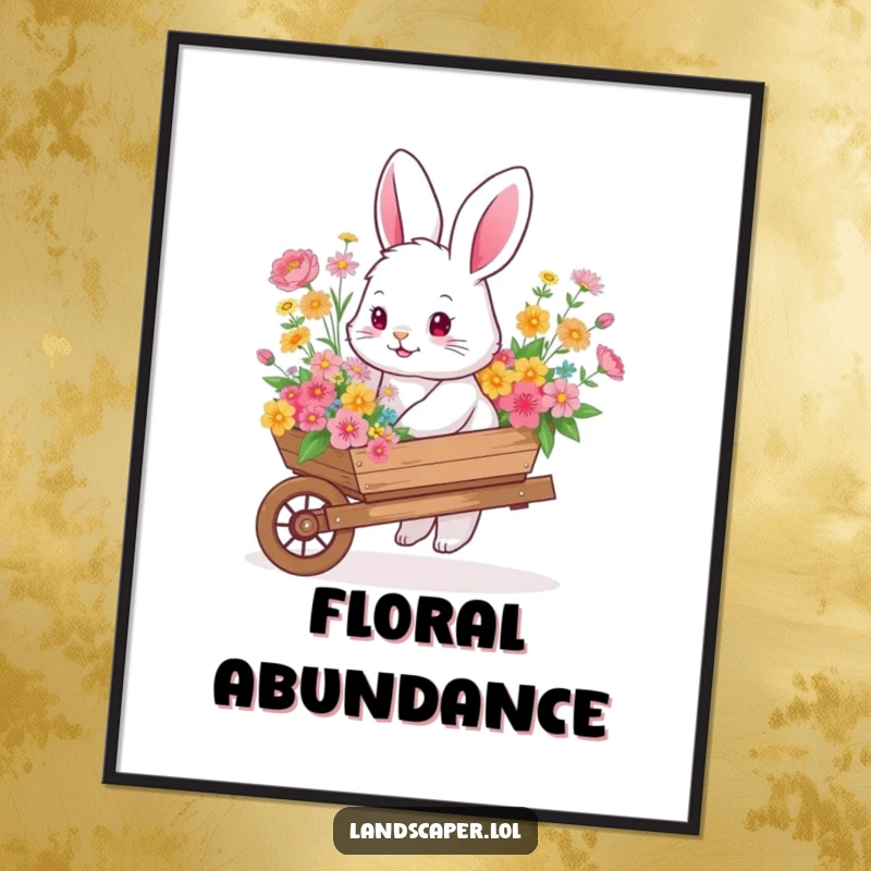 Funny fluffy bunny pushing a wheelbarrow overflowing with colorful flowers, creating whimsical wall art for garden lovers.