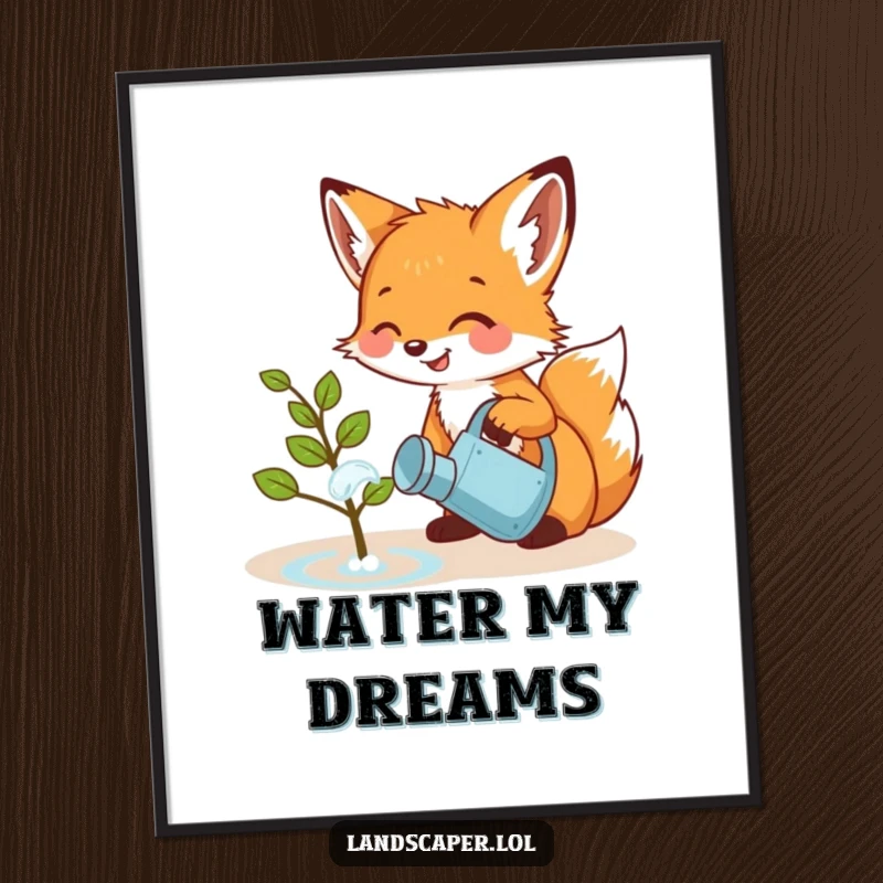 Funny poster featuring a playful fox cub giggling while watering a small sapling with a miniature watering can. A heartwarming nature illustration.