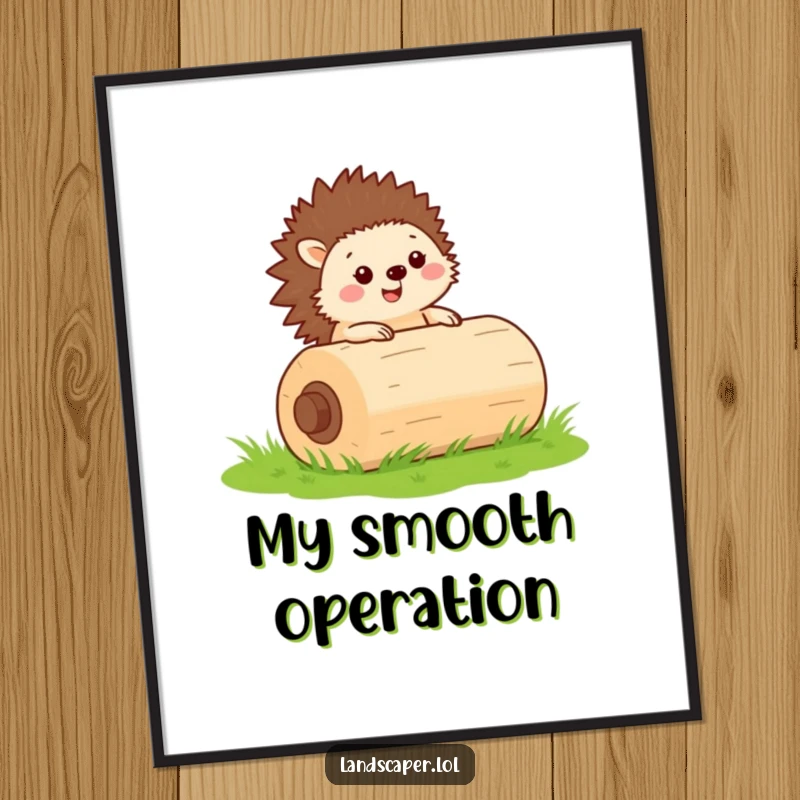 Funny poster art of a cheerful hedgehog rolling a large green lawn roller, bringing adorable determination to walls.