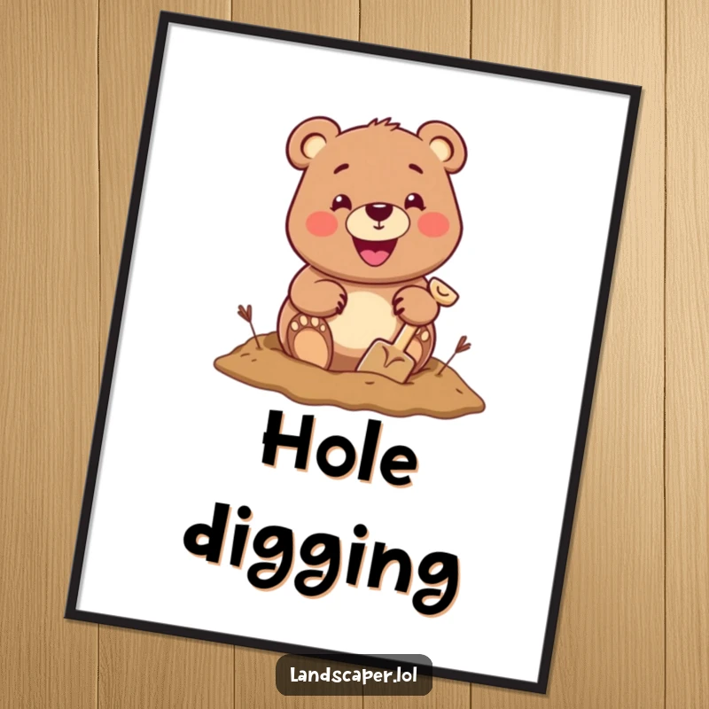 Cheerful bear with a massive grin digging a hole using a tiny shovel, creating whimsical wall art for adventure enthusiasts.