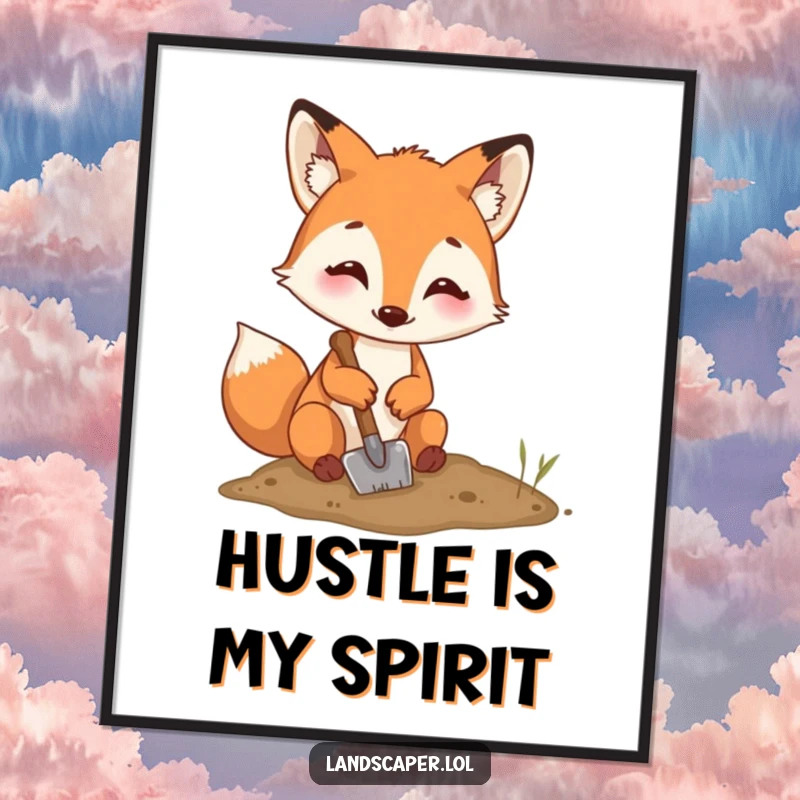 Funny fox digging poster, a happy fox using a tiny shovel to dig a hole, showcasing determined effort and humor.