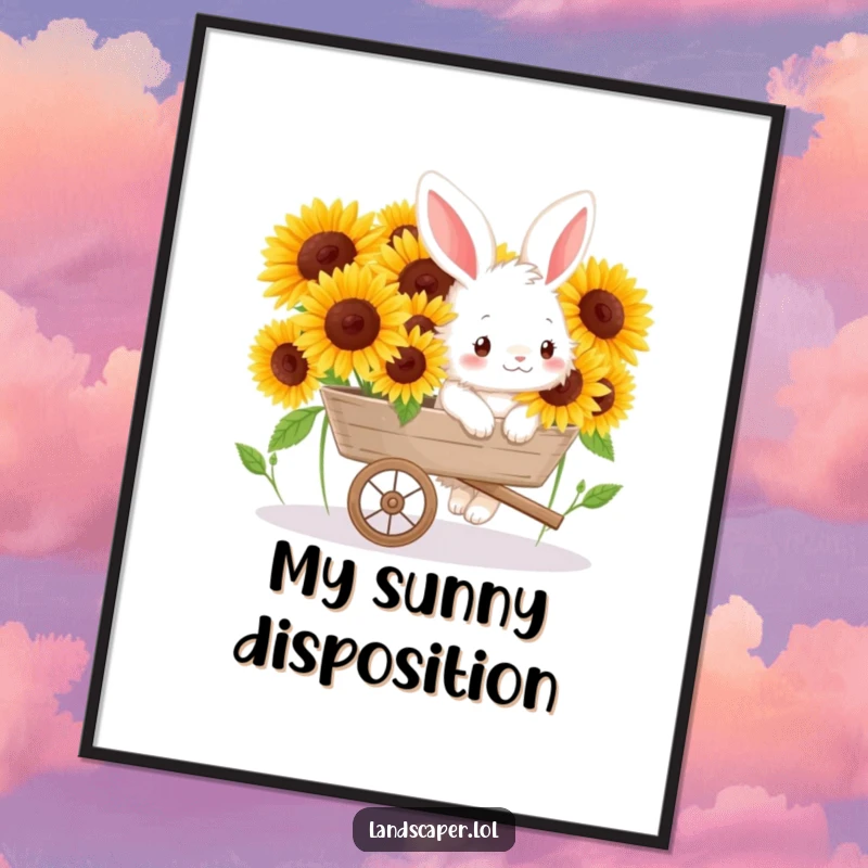 Funny poster art of a fluffy bunny pushing a wheelbarrow full of sunflowers, radiating cheerful garden vibes.