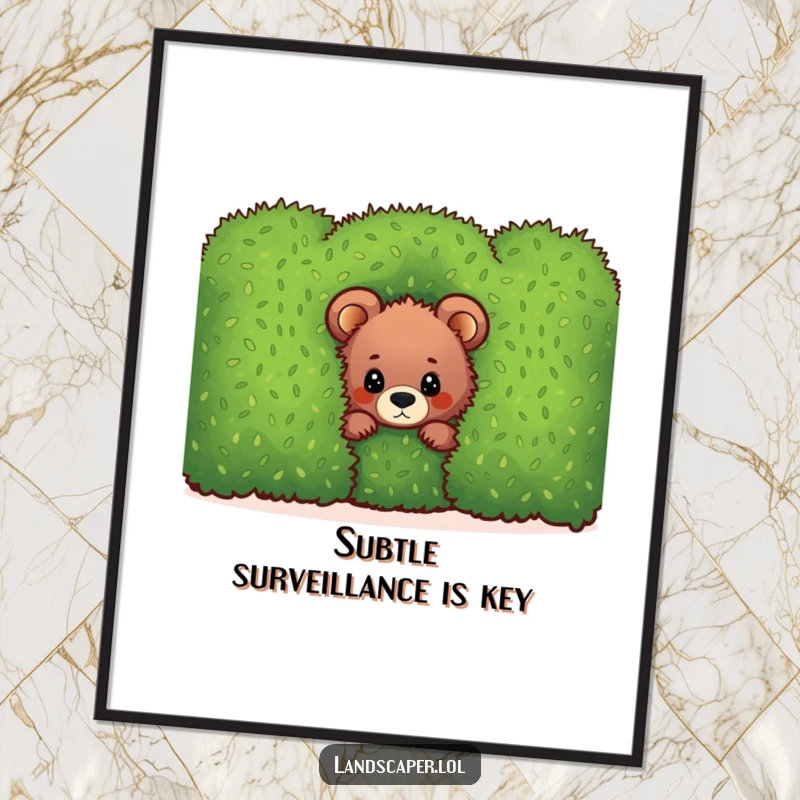 Funny bear cub poster, peeking with sweet curiosity from behind a lush green hedge, a heartwarming and humorous wall art.