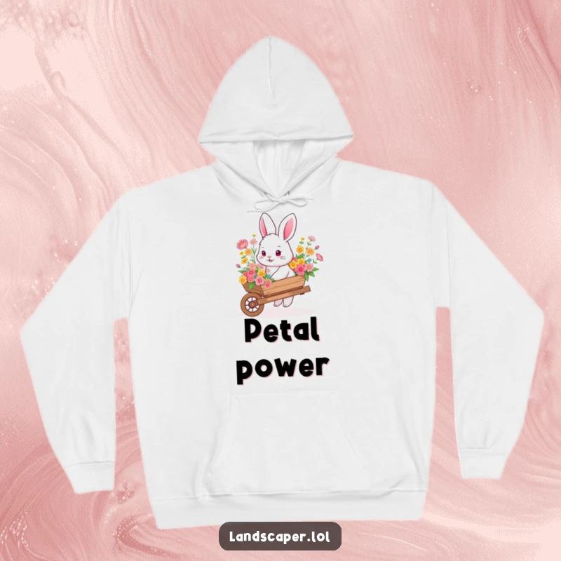 Fluffy bunny pushing a wheelbarrow bursting with colorful flowers, offering cozy warmth and garden-themed delight.