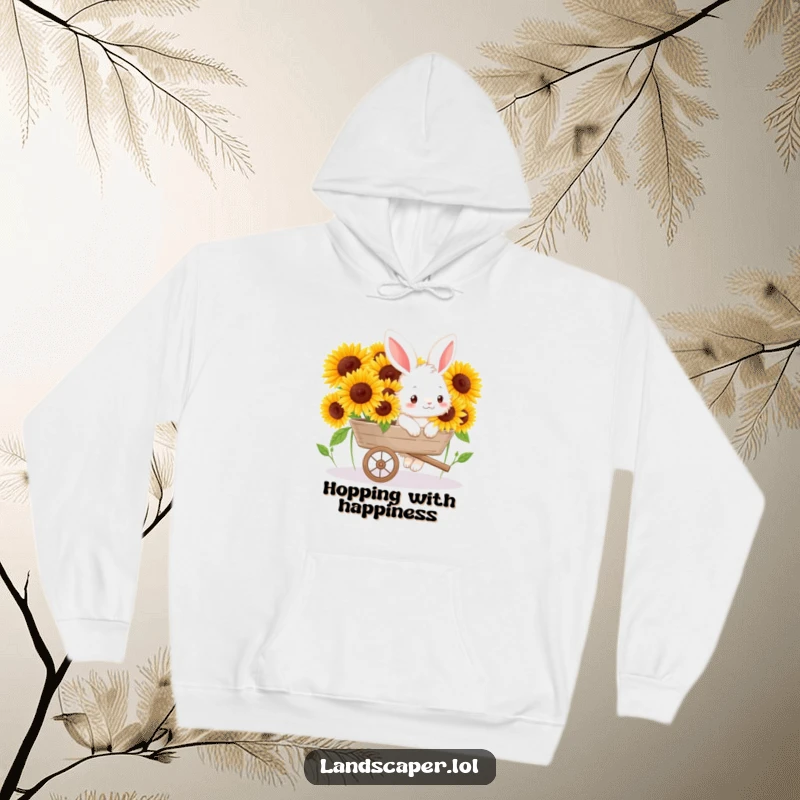 Funny hoodie featuring a fluffy bunny pushing a wheelbarrow full of sunflowers, offering cozy comfort and garden cheer.