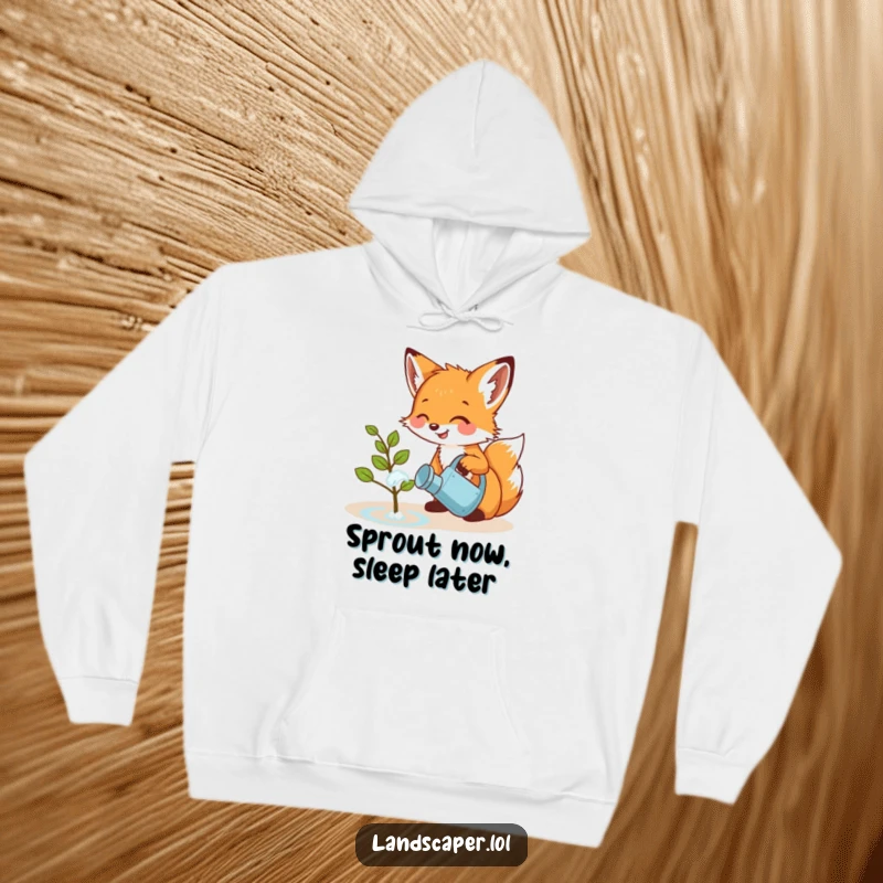 Funny hoodie featuring a playful fox cub giggling as it waters a small sapling with a miniature watering can. Cozy and cute.