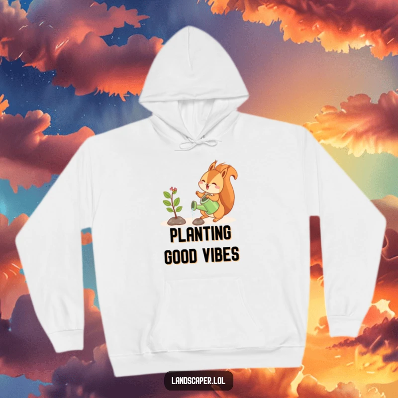 Funny hoodie with a cheerful squirrel watering a tiny sapling, offering cozy comfort and nurturing charm.