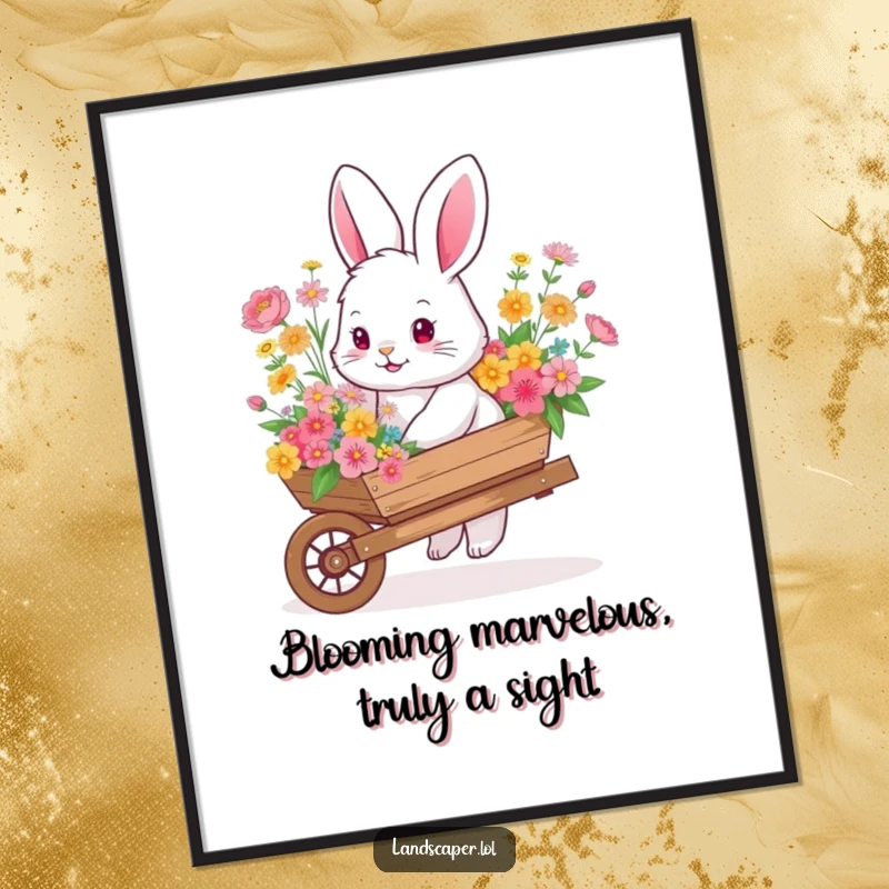 Funny Free Printable Wall Art: A fluffy bunny pushing a wheelbarrow overflowing with vibrant flowers, perfect for downloadable decor.
