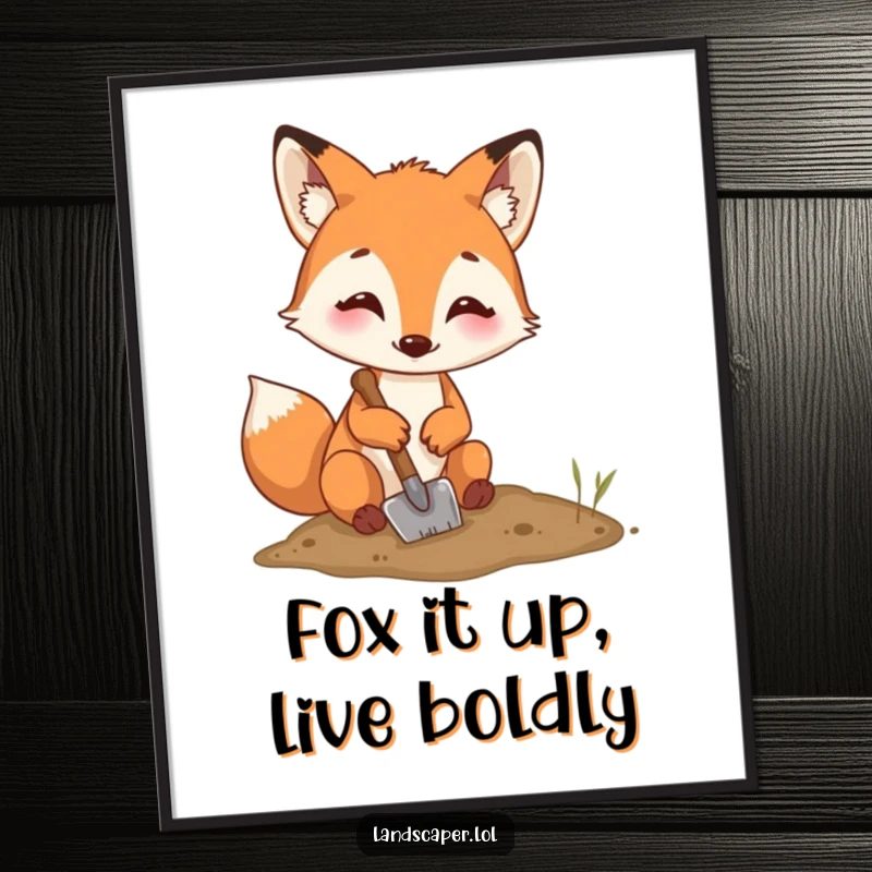 Funny Free Printable Wall Art: A happy fox diligently digging a hole with a small shovel, radiating playful energy.