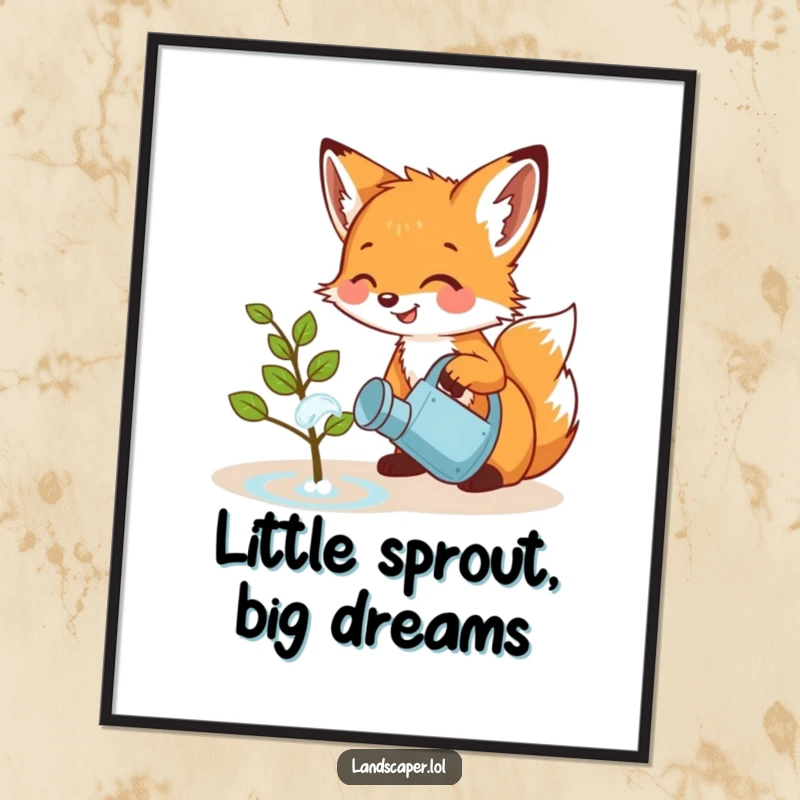 Funny Free Printable Wall Art: A playful fox cub giggling while watering a small, cheerful sapling with a miniature watering can.