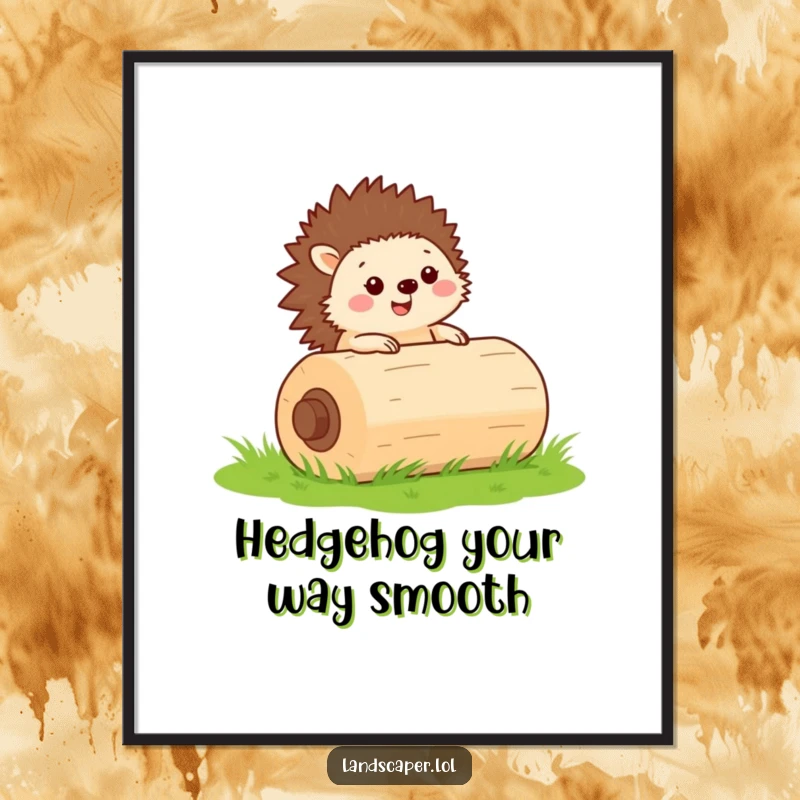 Funny Free Printable Wall Art featuring a small, cheerful hedgehog rolling a large green lawn roller on grass.