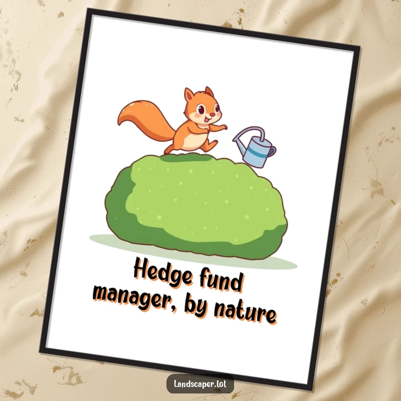 Funny Free Printable Wall Art: Energetic squirrel with watering can captured mid-leap over a trimmed hedge, parkour style.